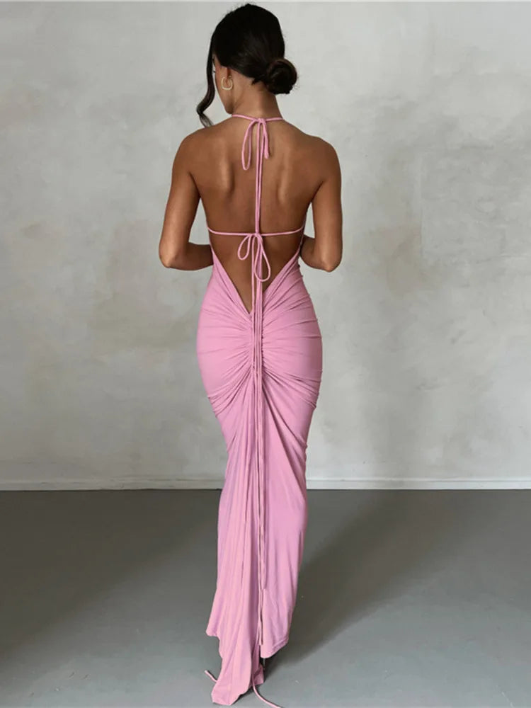 Backless Ruched Maxi Dress For Women Robe 2023 Sleeveless Wrap Hip Bodycon Party Long Dress