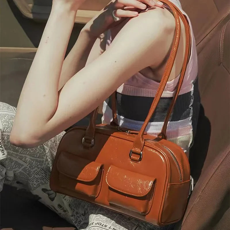 Retro Red Women Satchel Bag PU Leather Multi Pocket Luxury Designer Handbag Female Shoulder Underarm Bag Tote Purses