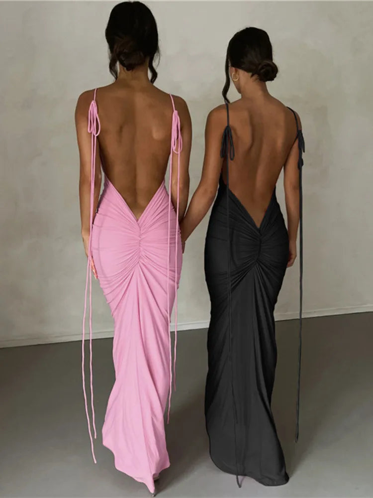 Backless Ruched Maxi Dress For Women Robe 2023 Sleeveless Wrap Hip Bodycon Party Long Dress