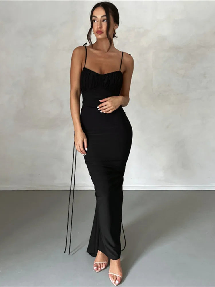 Backless Ruched Maxi Dress For Women Robe 2023 Sleeveless Wrap Hip Bodycon Party Long Dress