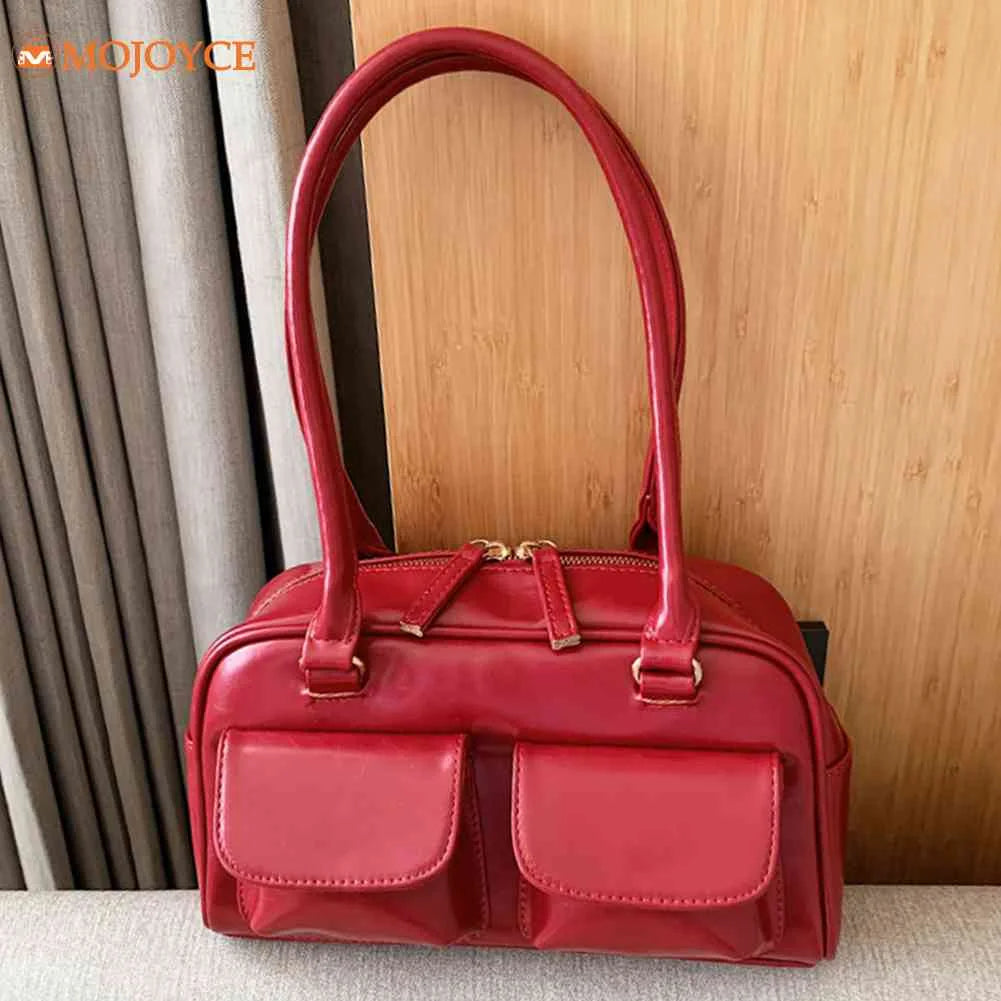 Retro Red Women's Satchel Hobo Bag Patent Leather Multi Pocket Luxury Designer Handbag Female Shoulder Underarm Bag Tote Purses