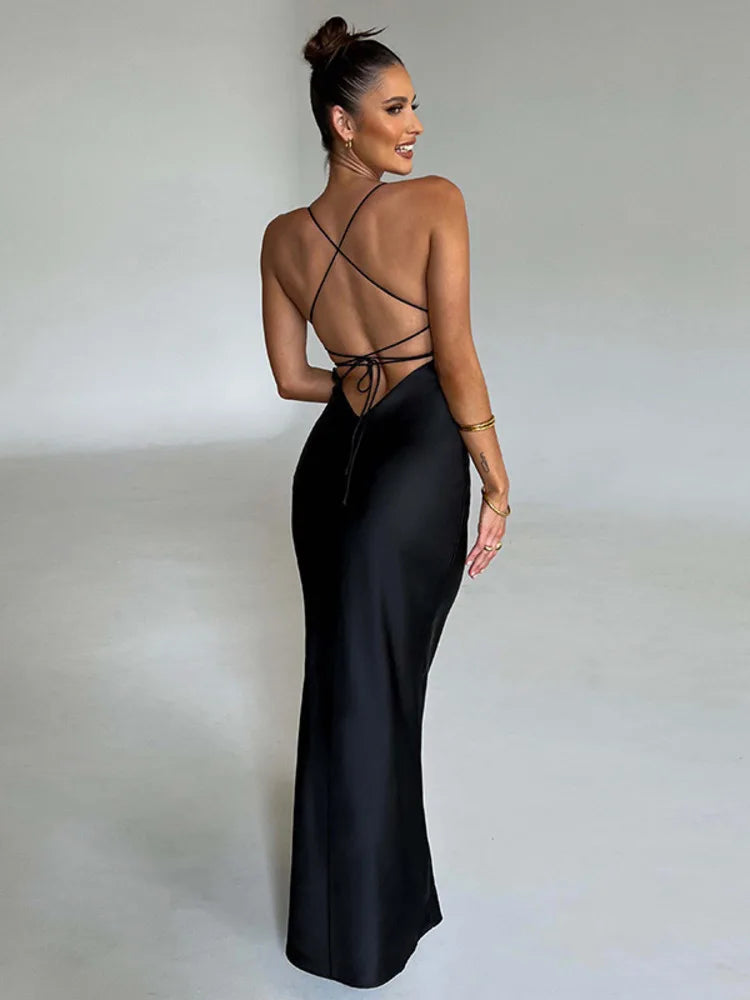 Satin Backless Maxi Dress For Women 2022 Autumn New Spaghetti Strap Sleeveless Bodycon Long Dress Vestido Clubwear