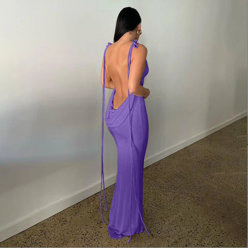 Sexy Halter Backless Long Summer Dresses Women 2024 Fashion Sundresses Purple Bodycon Maxi Nigth Club Party Dress Baddie Outfit