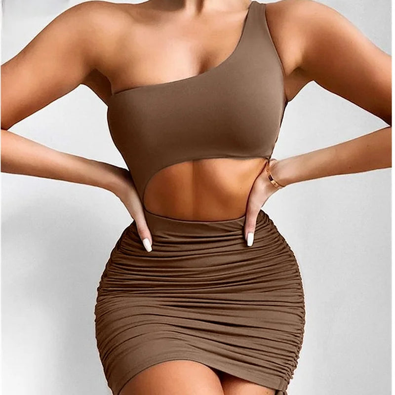 Cut Out Sexy Mini Party Summer Dress Club Costume Pleated One-shoulder Sheath Bandage 2022 Short Brown Bodycon Dress 2022 New