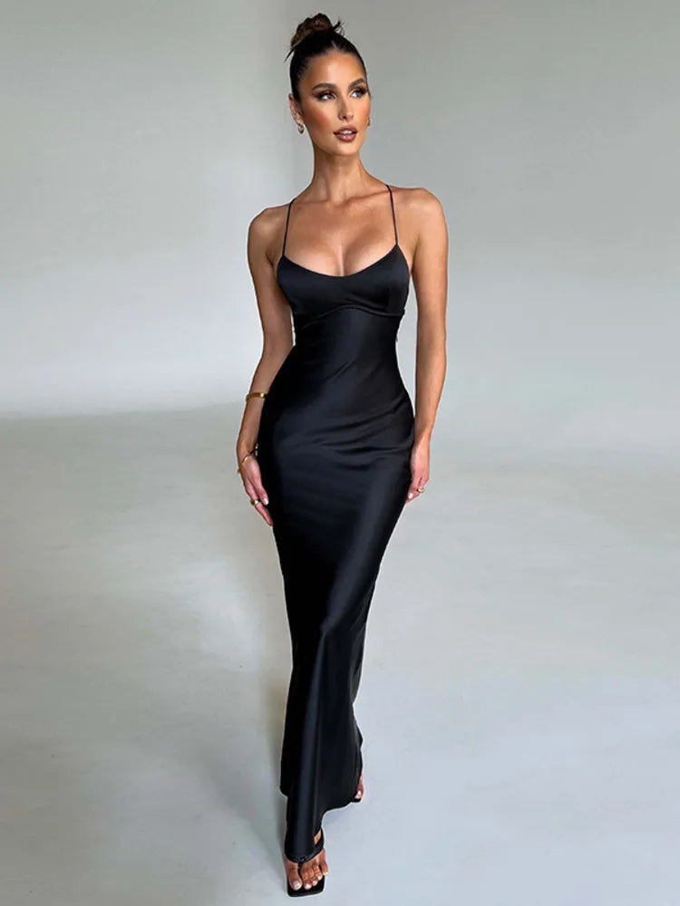 Satin Backless Maxi Dress For Women 2022 Autumn New Spaghetti Strap Sleeveless Bodycon Long Dress Vestido Clubwear