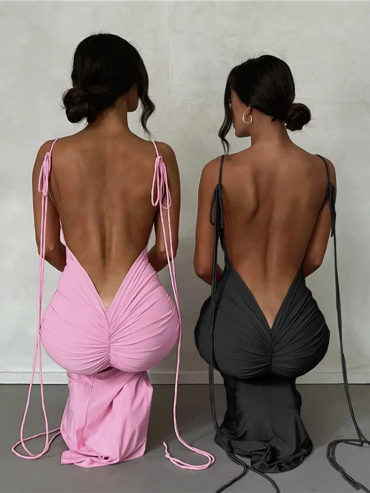 Backless Ruched Maxi Dress For Women Robe 2023 Sleeveless Wrap Hip Bodycon Party Long Dress