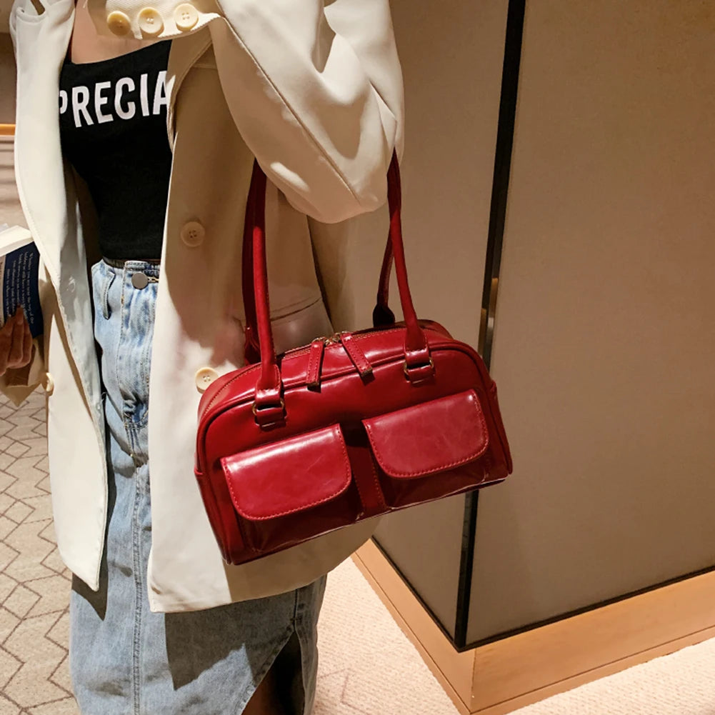 Retro Red Women's Satchel Hobo Bag Patent Leather Multi Pocket Luxury Designer Handbag Female Shoulder Underarm Bag Tote Purses