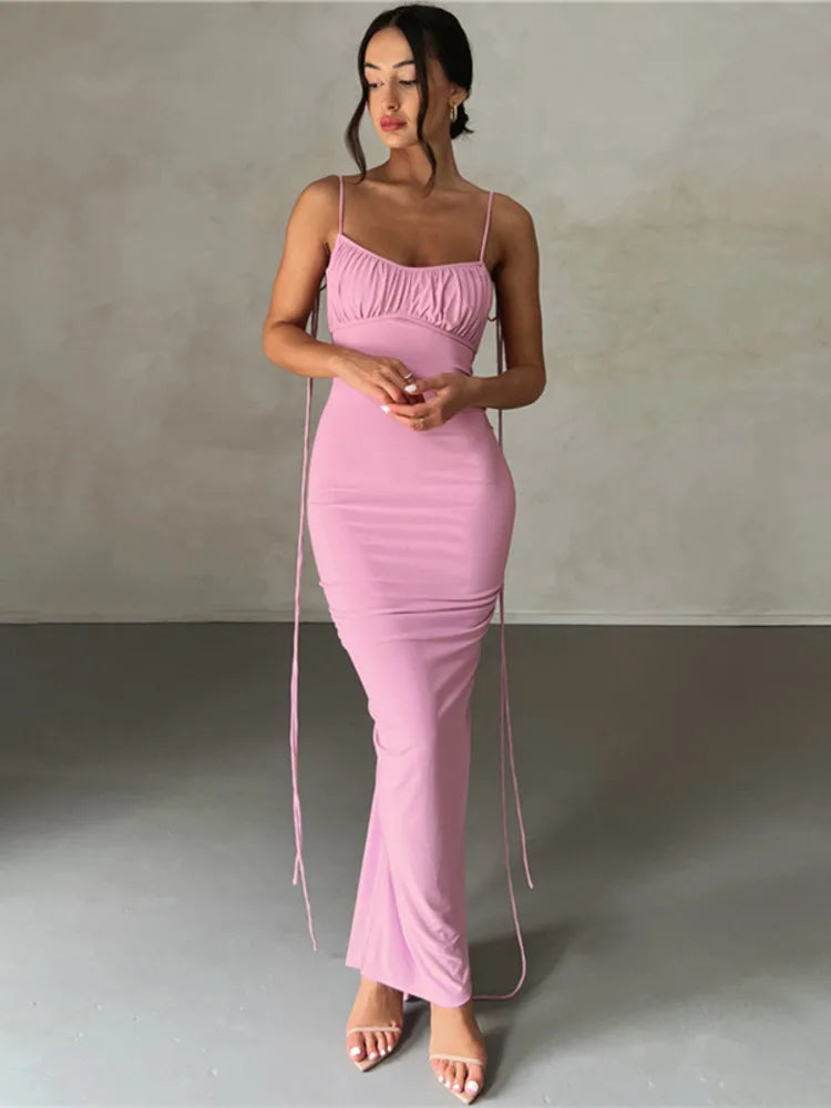 Backless Ruched Maxi Dress For Women Robe 2023 Sleeveless Wrap Hip Bodycon Party Long Dress